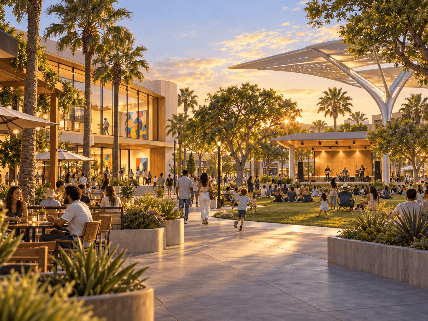Imagined Hawthorne community plaza with a golden pavilion, cafe terraces, palms and an open-air stage. Concept artwork, not an actual city view.
